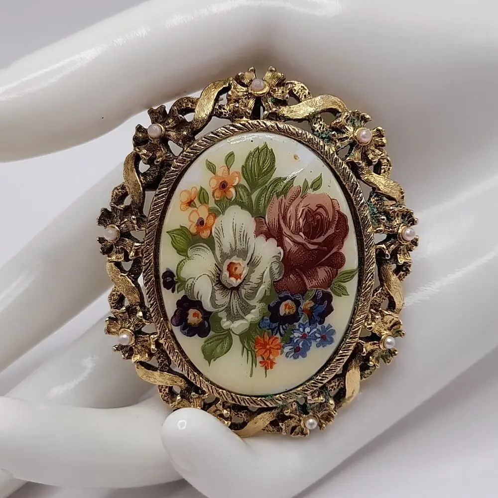Vintage Porcelain Floral Brooch Pendant Combo, Faux Pearls, 2 1/4 Inches